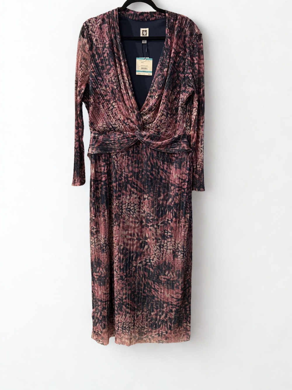 NWT Anne Klein Floral Metallic V-Neck Twist-Front Midi Dress